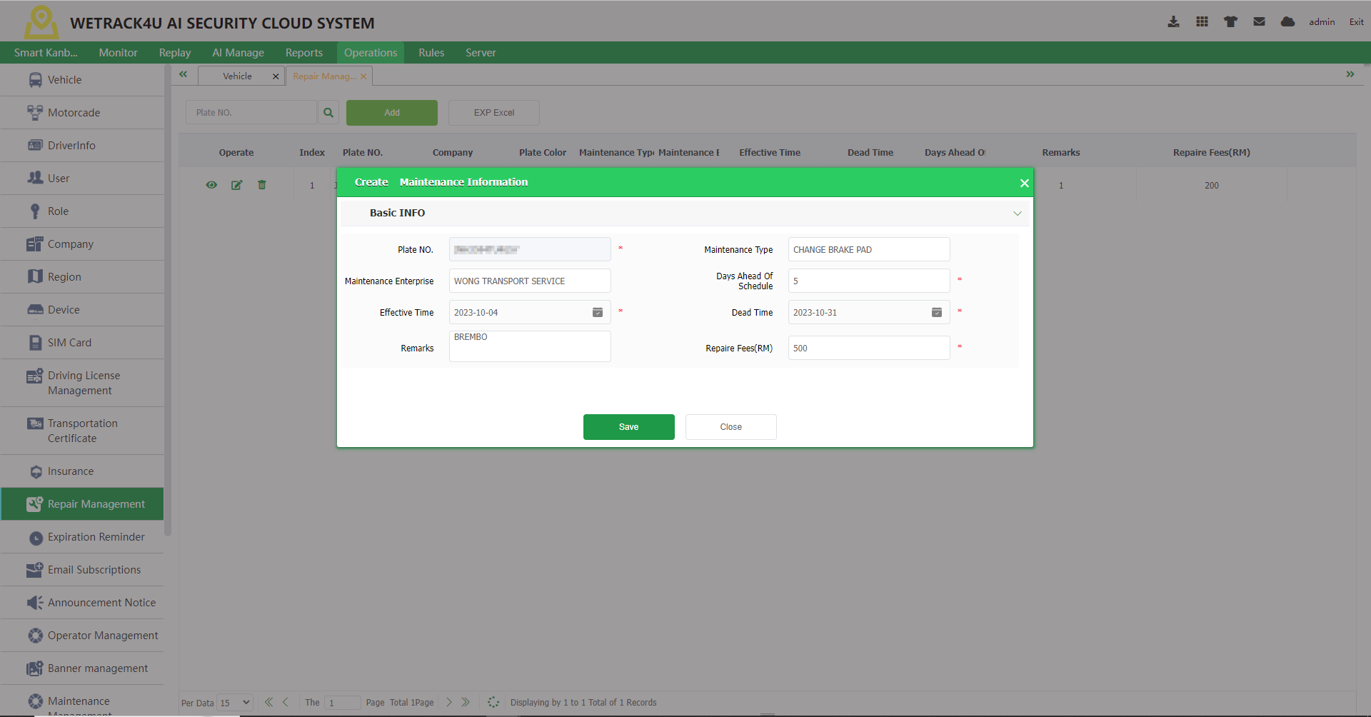 WETRACK Advanced maintenance screen