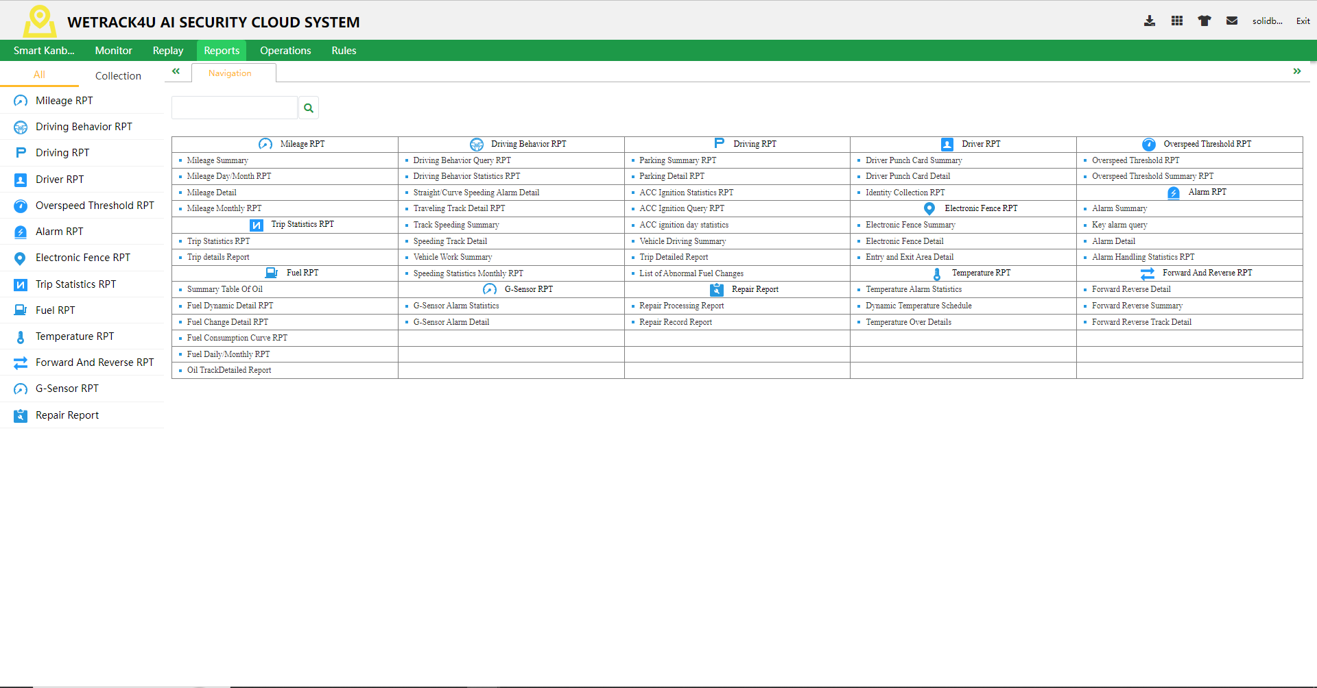 WETRACK Advanced reports screen